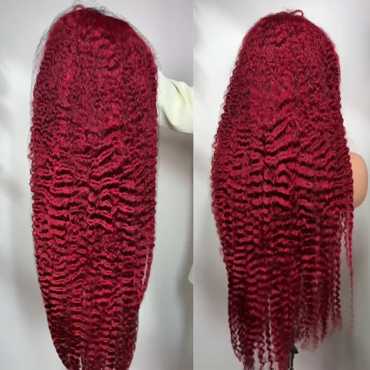 Colored Burmese Curly 13x4 Lace Front Human Hair Wigs Wine Red Curly HD Lace Wig for Women - Rafarada
