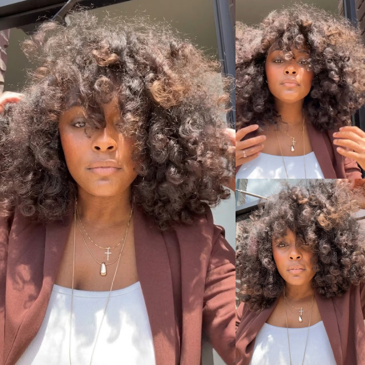 Voluminous Big Bouncy Curly Human Hair Wig with Bangs Ombre Dark Brown Highlights Afro Coily Wig- Rafarada