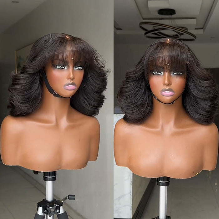 Pre-cut Lace Front Human Hair Wigs with Bangs Natural Black Big Bouncy Body Wave Glueless Wig for Women - Rafarada