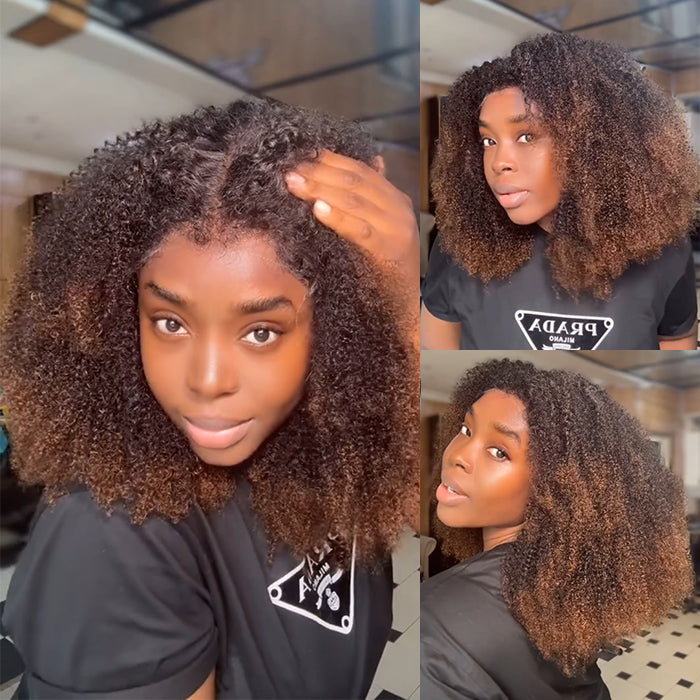 Glueless Warm Brown Ombre Color Kinky Coily Wig Pre-Plucked HD Lace Front Human Hair Wig - Rafarada