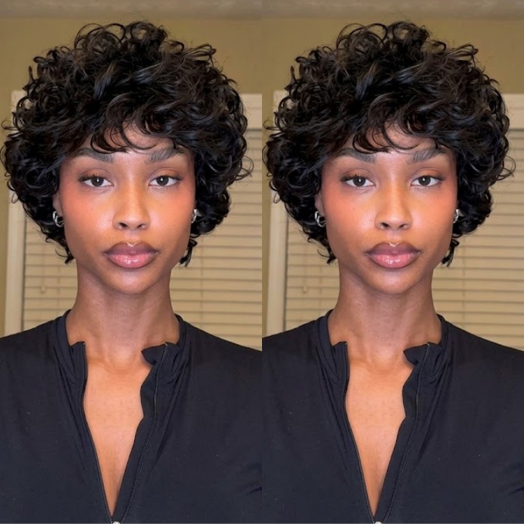 Black Short Layered Pixie Human Hair Wig - Bouncy Afro Spiral Curls - Glueless Easy Wear - Rafarada