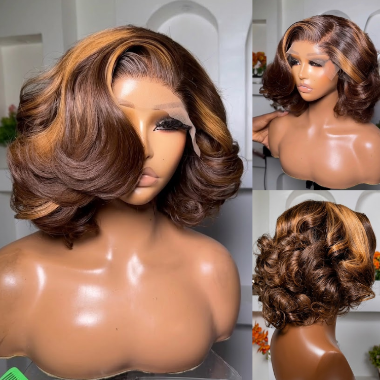 Chunky Highlights Honey Blonde on Chocolate Brown Layered Bob Pre-plucked HD Lace Wig Bouncy Waves Human Hair - Rafarada