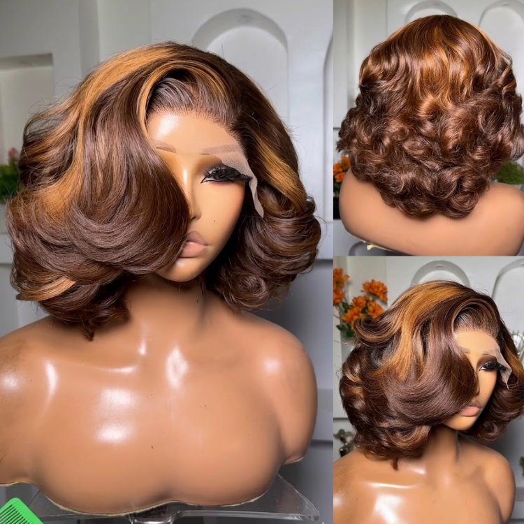 Chunky Highlights Honey Blonde on Chocolate Brown Layered Bob Pre-plucked HD Lace Wig Bouncy Waves Human Hair - Rafarada