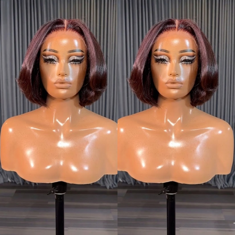 Burgundy Auburn Layered Bob Wig with Soft End Curls – Silky Blowout Style Lace Front Human Hair Wig- Rafarada