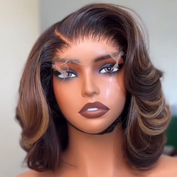 Bold Honey Blonde Piano Highlights Chocolate Brown Layered Bob Wig Bouncy Voluminous Waves Pre-plucked HD Lace Human Hair- Rafarada