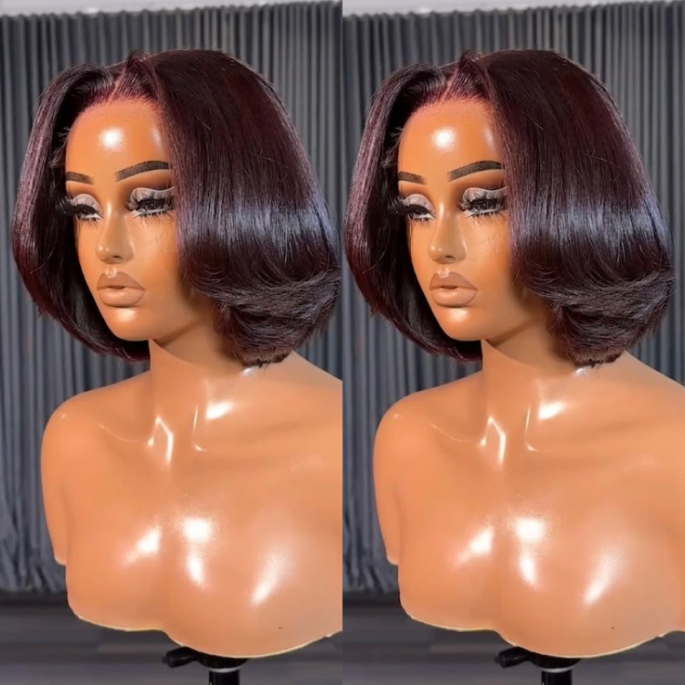 Burgundy Auburn Layered Bob Wig with Soft End Curls – Silky Blowout Style Lace Front Human Hair Wig- Rafarada