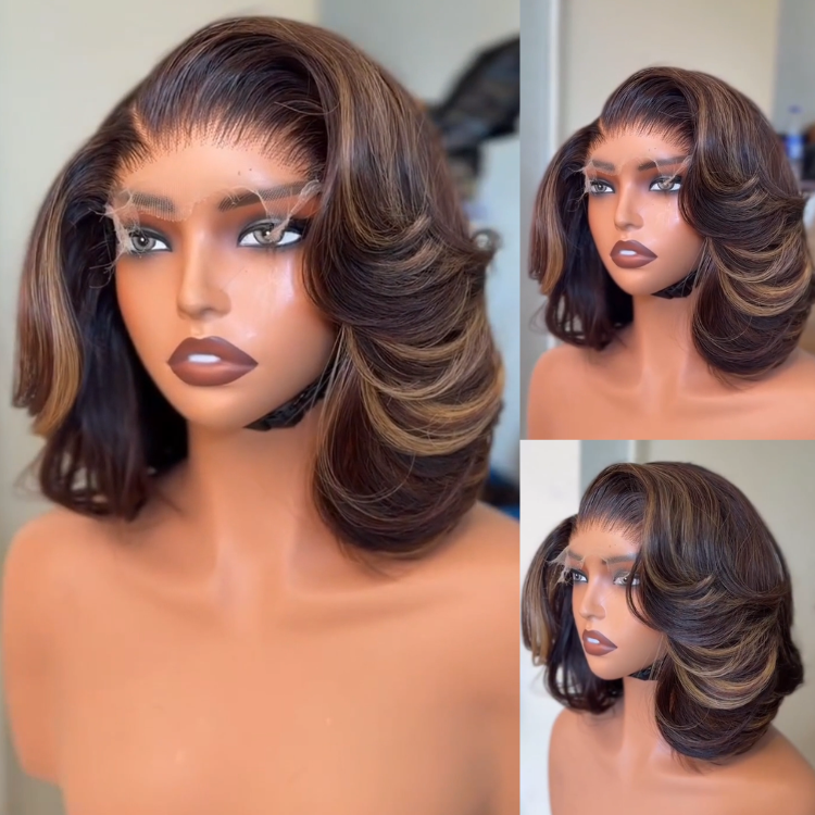 Bold Honey Blonde Piano Highlights Chocolate Brown Layered Bob Wig Bouncy Voluminous Waves Pre-plucked HD Lace Human Hair- Rafarada