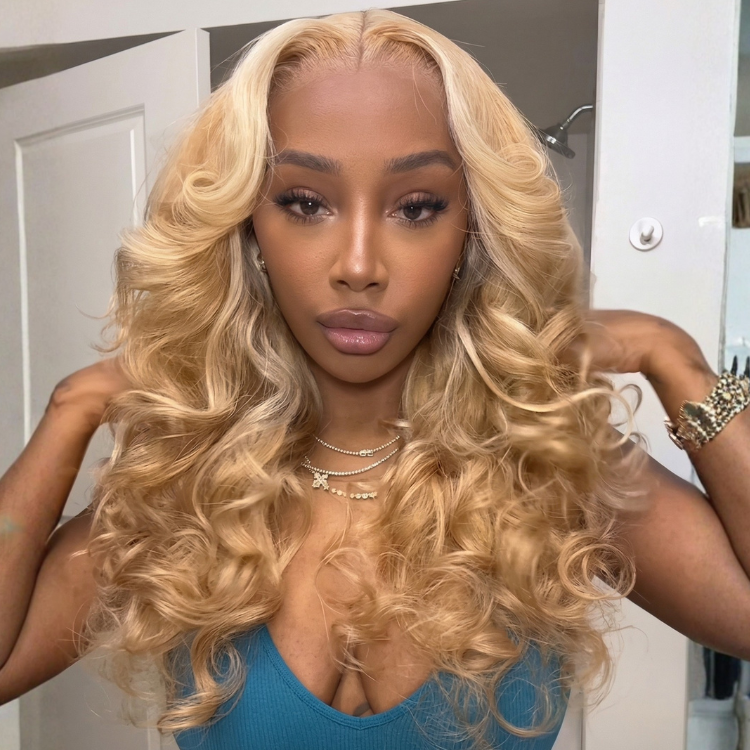 Champagne Blonde Voluminous Loose Curls Wig with Shadow Roots Layered Human Hair Lace Front Wig- Rafarada