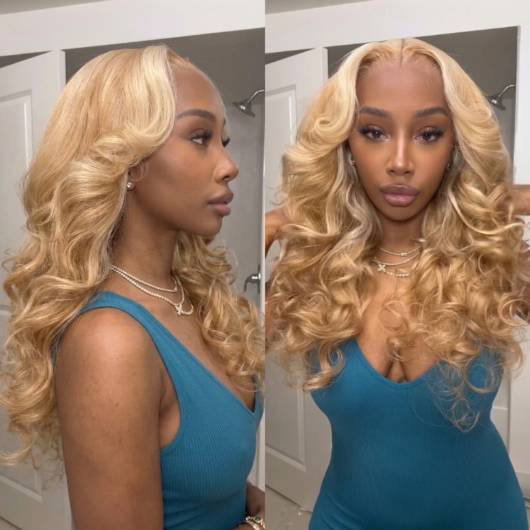 Champagne Blonde Voluminous Loose Curls Wig with Shadow Roots Layered Human Hair Lace Front Wig- Rafarada