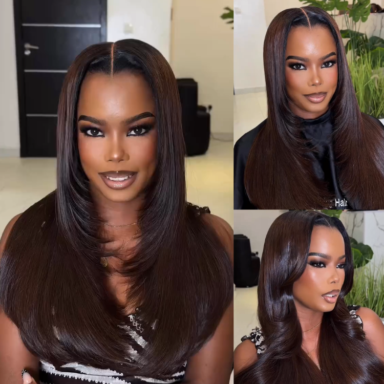 Rich Mocha Brown Highlighted Body Wave Lace Front Wig - Soft & Silky Human Hair Ombre Wig - Bouncy Large Curls for Women- Rafarada