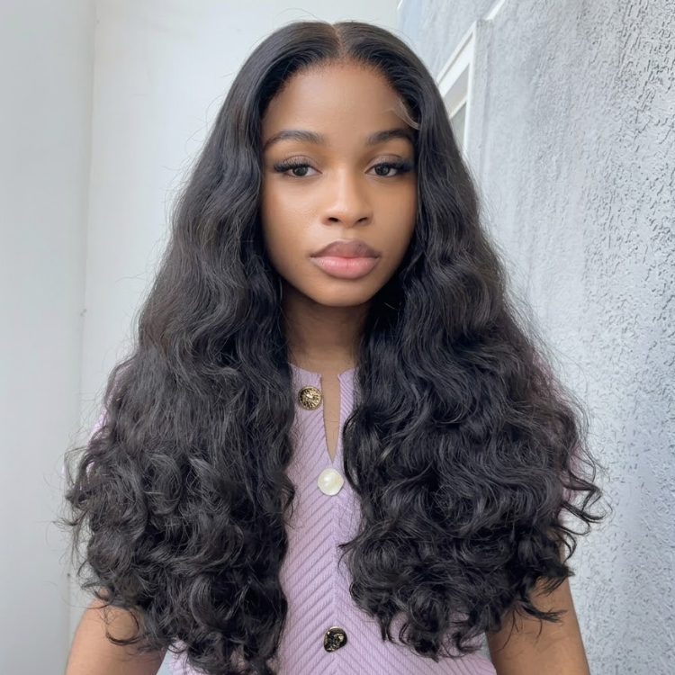 Natural Black Body Wave Human Hair Lace Front Wig Extra Thick S-Curl Pre-Plucked with Baby Hair - Rafarada