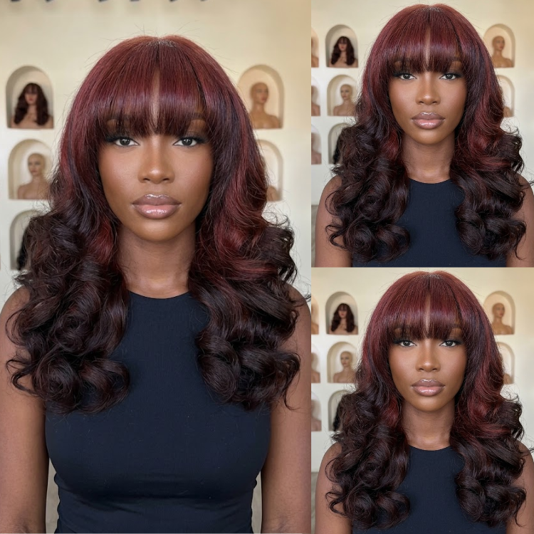 Vibrant Burgundy Red Ombre Body Wave Human Hair Wig with Bangs Two Tone Black and Red Voluminous Bouncy Wave Wig- Rafarada