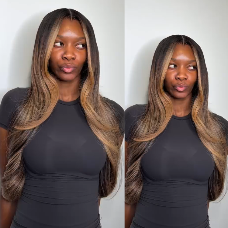 Long Body Wave Dark Brown Human Hair Wig with Blonde Face-Framing Ombré-style Highlights and Soft End Curls - Rafarada