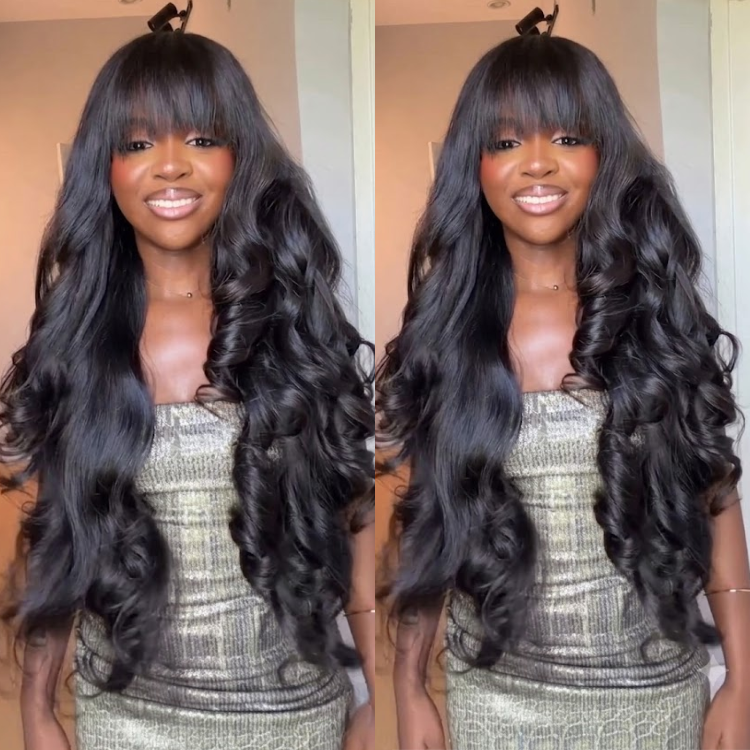 Glueless Natural Black Voluminous Deep Body Wave Human Hair Wig with Soft Layered Face-Framing Bangs- Rafarada