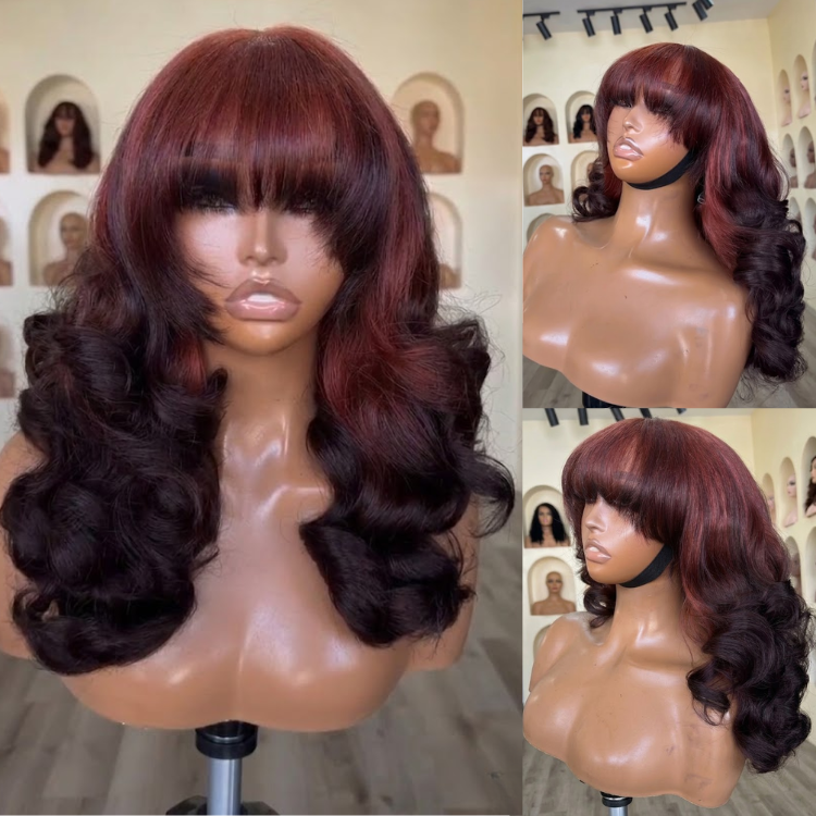 Vibrant Burgundy Red Ombre Body Wave Human Hair Wig with Bangs Two Tone Black and Red Voluminous Bouncy Wave Wig- Rafarada