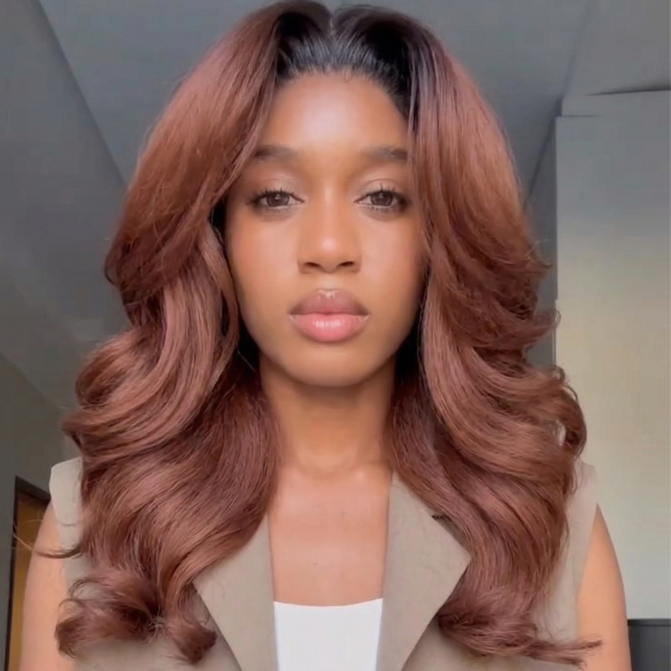 Auburn Copper Brown Body Wave Wig with Black Roots & Voluminous Bouncy Curls ¨C 100% Human Hair Glueless Lace Wig with Natural Hairline- Rafarada