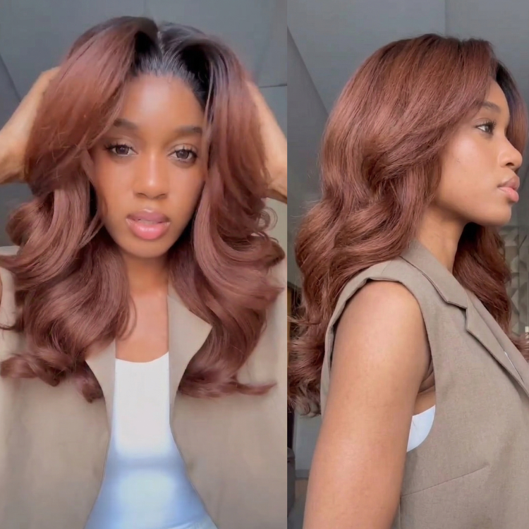 Auburn Copper Brown Body Wave Wig with Black Roots & Voluminous Bouncy Curls ¨C 100% Human Hair Glueless Lace Wig with Natural Hairline- Rafarada