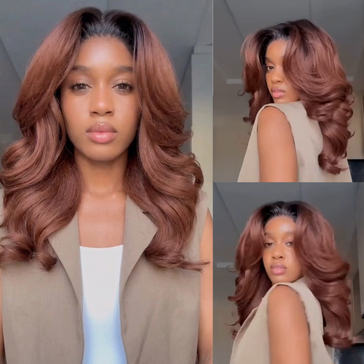Auburn Copper Brown Body Wave Wig with Black Roots & Voluminous Bouncy Curls ¨C 100% Human Hair Glueless Lace Wig with Natural Hairline- Rafarada
