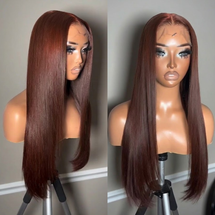 Reddish Auburn Straight Lace Front Wig ¨C Sleek Silky Long Layers, Glueless 100% Human Hair with Natural Hairline- Rafarada