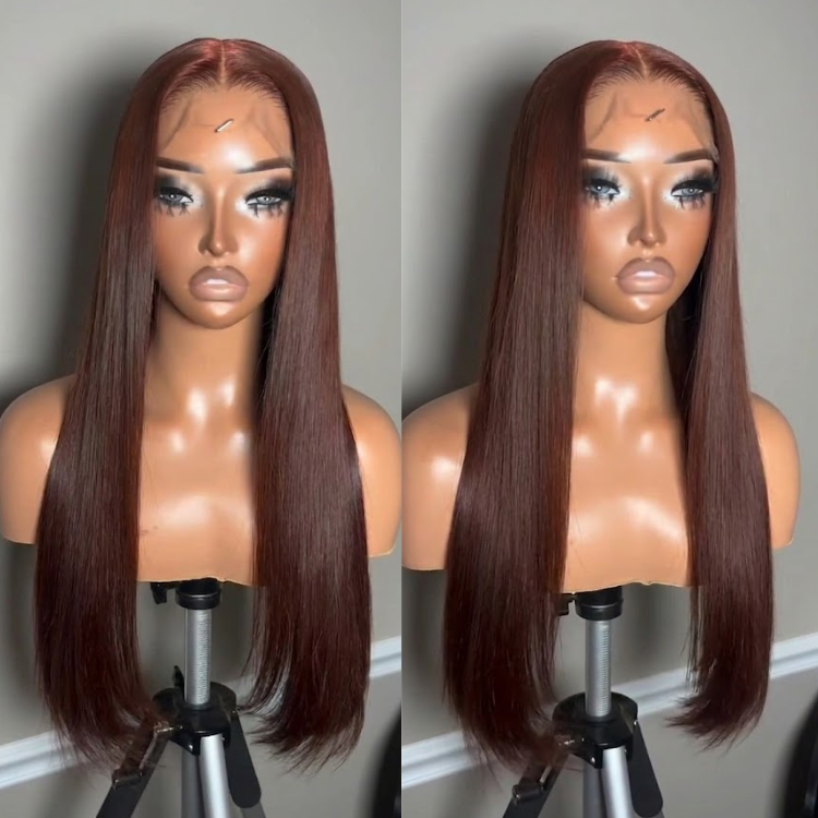 Reddish Auburn Straight Lace Front Wig ¨C Sleek Silky Long Layers, Glueless 100% Human Hair with Natural Hairline- Rafarada