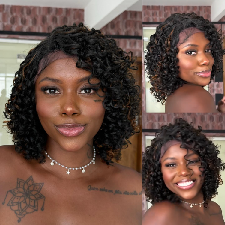 Curly Bob Wig Black with Subtle Caramel Highlights HD Lace Front Human Hair Wig - Rafarada