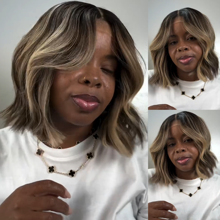 Honey Blonde Highlighted Short Bob Wavy Human Hair Wig - Dark Roots, Bouncy Curls - Rafarada