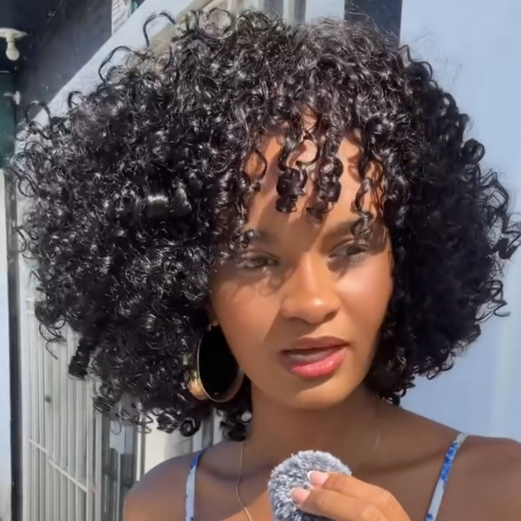 Super Defined Bouncy Kinky Coily Human Hair Wig with Bangs Glueless 100% Remy Human Hair Wig Natural Black Afro Textured High Density Wig- Rafarada