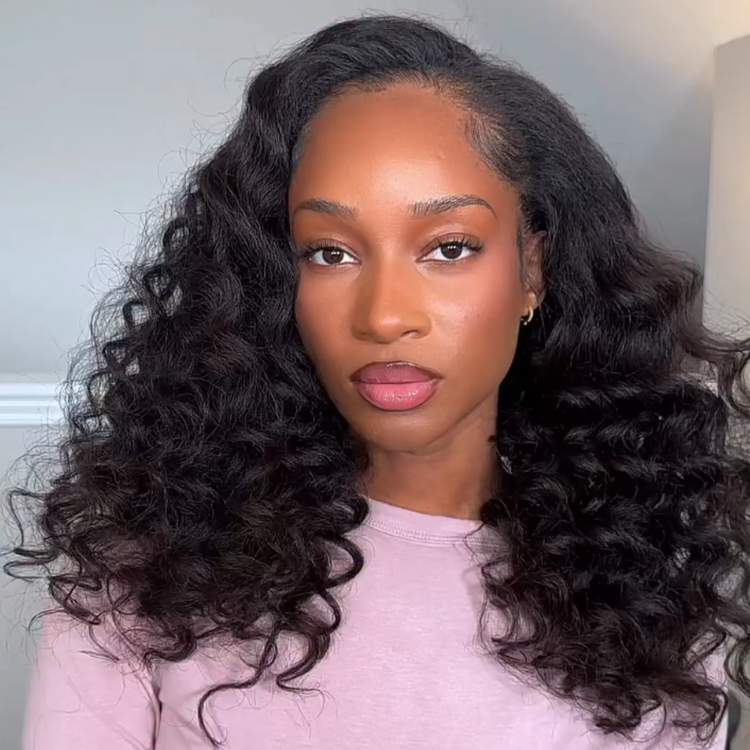 Natural Black Voluminous Water Wave Half Wig Bouncy Loose Curly Human Hair Half Wig - Rafarada