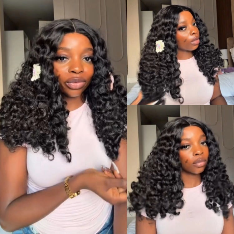 Natural Black Bouncy Wand Curls Wig Glueless Middle Part Curly Wig Bouncy Romance Curls Human Hair for Women - Rafarada