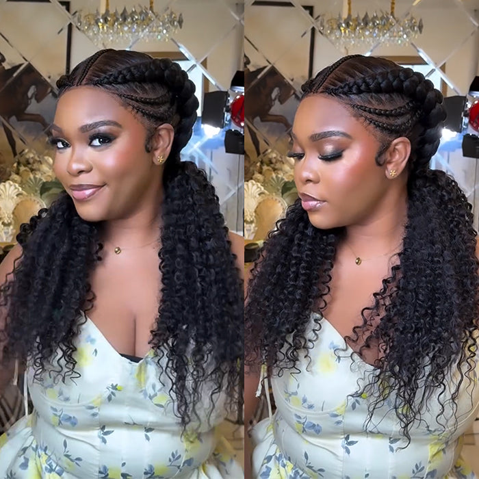 Full Lace Braided Cornrow Wig with Water Wave Ponytail Natural Hairline - Rafarada