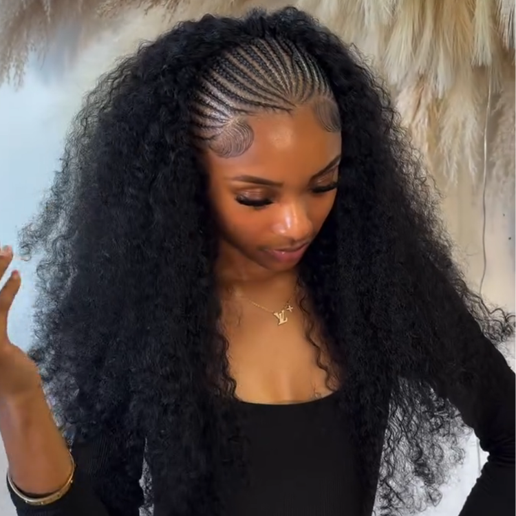 Custom Braided Cornrow Afro Curly Wigs for Black Women - Long Seamless Coily Braid Front with Deep Wave Texture, Glueless Half-Braid Styling and Defined Baby Hairs - Rafarada