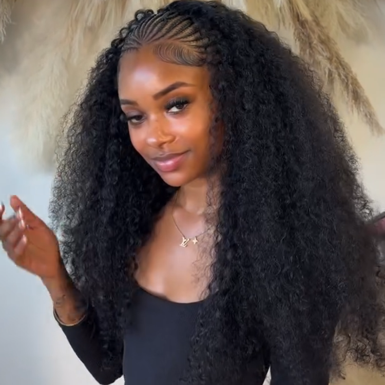 Custom Braided Cornrow Afro Curly Wigs for Black Women - Long Seamless Coily Braid Front with Deep Wave Texture, Glueless Half-Braid Styling and Defined Baby Hairs - Rafarada
