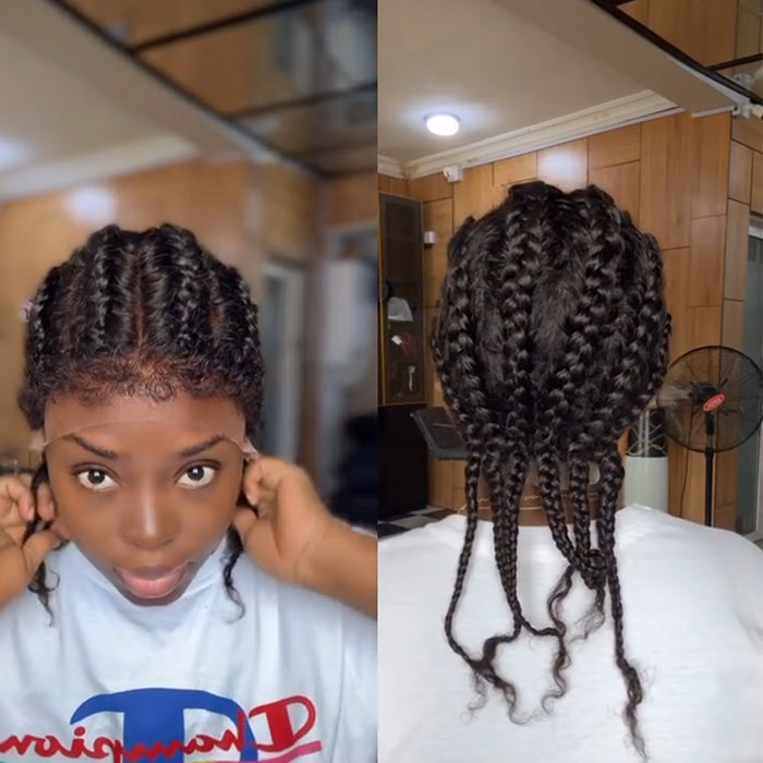 3-Minute Install Braided Full Lace Wig Natural Looking 1B Natural Black Hand-Tied Braids with Baby Hair - Rafarada