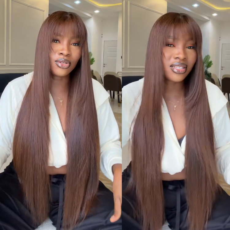 Dark Warm Brown Long Straight Human Hair Wig Glueless Lace Front Brown Straight Hair Wig with Bangs- Rafarada