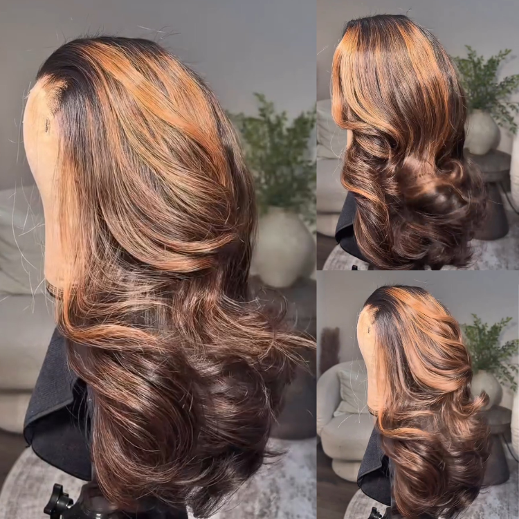 Chocolate Brown with Caramel Highlights Body Wave Human Hair HD Lace Front Wig- Rafarada