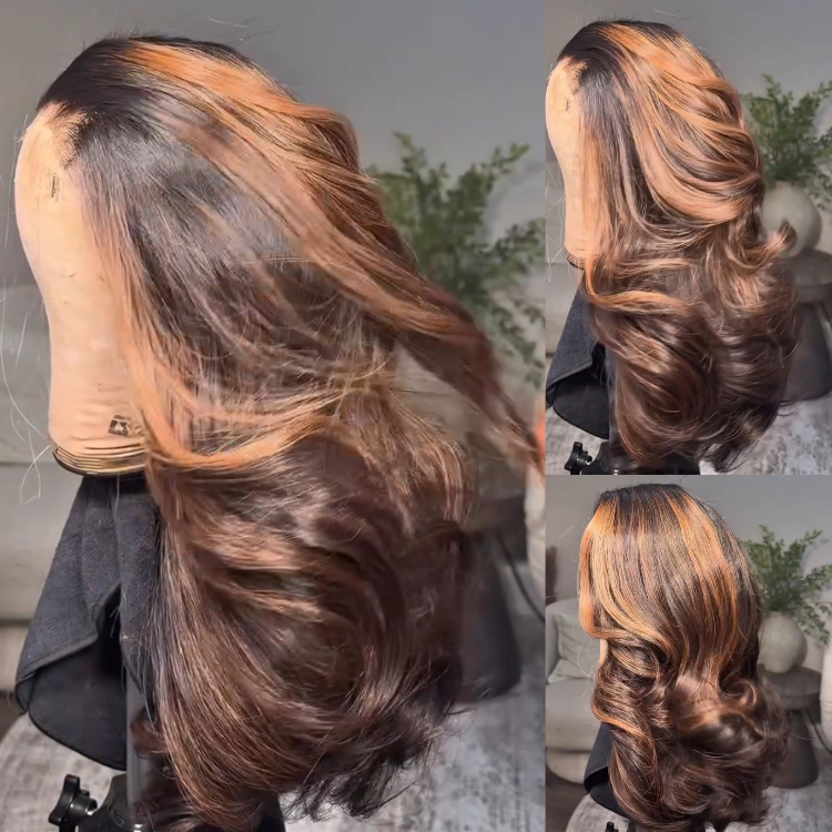 Chocolate Brown with Caramel Highlights Body Wave Human Hair HD Lace Front Wig- Rafarada