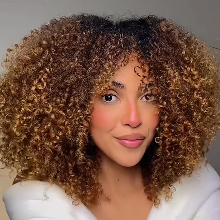 Luxury Honey Blonde Highlight Jerry Curly Wig with Bangs, Short Curly Bob Glueless Style for Women - Rafarada