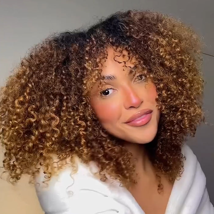 Luxury Honey Blonde Highlight Jerry Curly Wig with Bangs, Short Curly Bob Glueless Style for Women - Rafarada