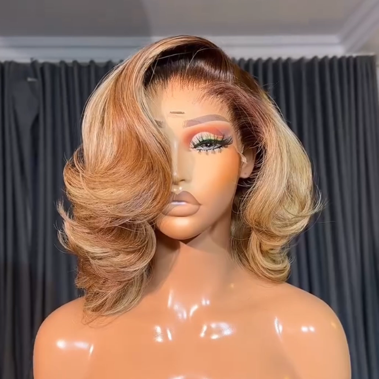 Honey Blonde Layered Bob Wig with Dark Roots Soft Body Waves Human Hair Lace Front Wig- Rafarada