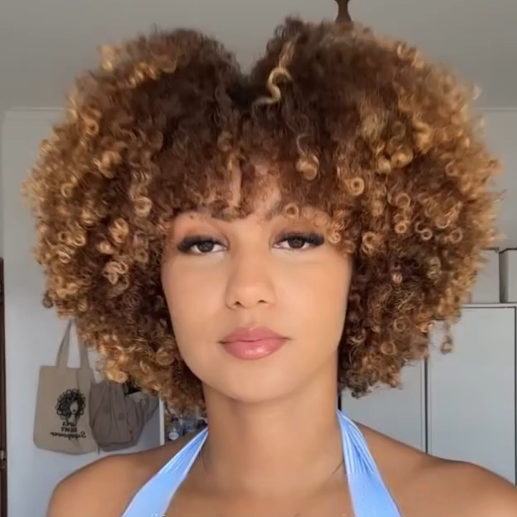 Brown and Honey Blonde Ombre Kinky Curly Wig with Bangs - Glueless Voluminous Tight Coil Short Bob Human Hair Wig for Women - Rafarada