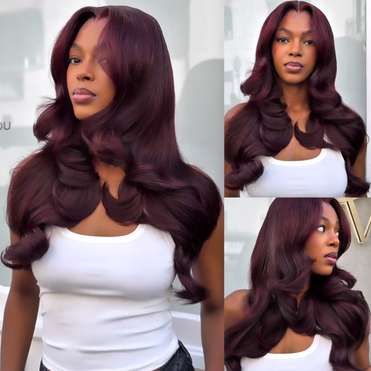 Pre-Cut Lace Body Wave Burgundy Glueless Full Body Human Hair Wig | Soft Red Wine Large Volume Waves - Rafarada
