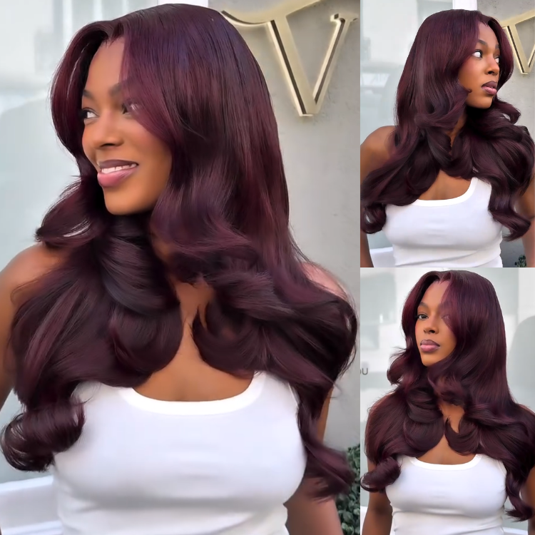 Pre-Cut Lace Body Wave Burgundy Glueless Full Body Human Hair Wig | Soft Red Wine Large Volume Waves - Rafarada