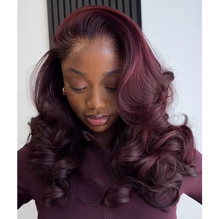 Burgundy Human Hair Layered Body Wave Lace Front Wig, Glueless 100% Human Hair with Natural Hairline- Rafarada