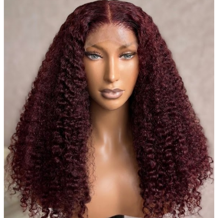Burgundy Red Kinky Curly Human Hair Wigs for Women HD Transparent Lace Front Wig Pre Plucked with Baby Hair- Rafarada