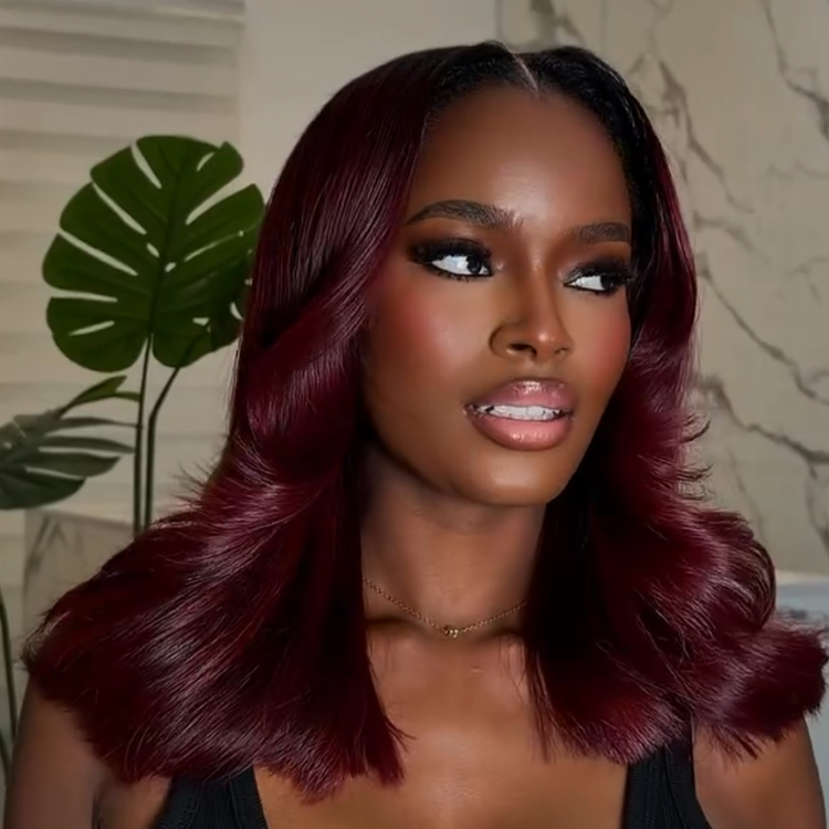 Burgundy Red Loose Wave Glueless HD Lace Wig Human Hair Flipped Out Layers Middle Part Wig For Women- Rafarada