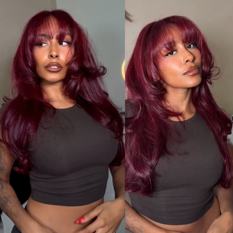 Burgundy Red Layered Blowout Lace Front Wig with Wispy Bangs Glueless HD Lace- Rafarada