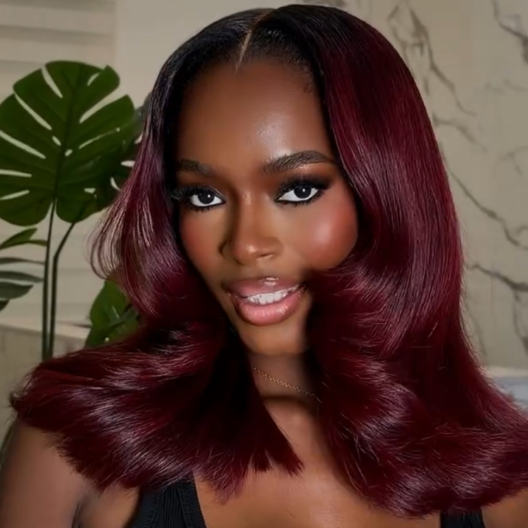 Burgundy Red Loose Wave Glueless HD Lace Wig Human Hair Flipped Out Layers Middle Part Wig For Women- Rafarada