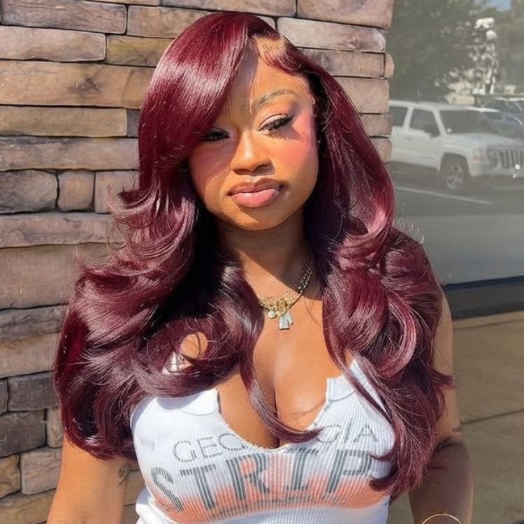 Glueless Deep Burgundy Red Body Wave Lace Front Wig - High Density HD Transparent Lace Human Hair Wig with Side Part- Rafarada