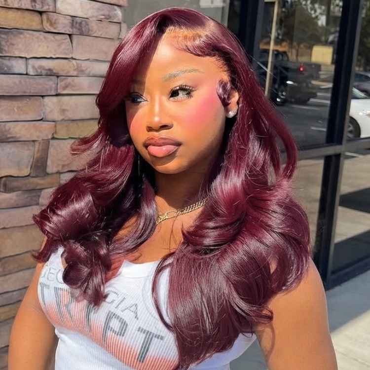 Glueless Deep Burgundy Red Body Wave Lace Front Wig - High Density HD Transparent Lace Human Hair Wig with Side Part- Rafarada