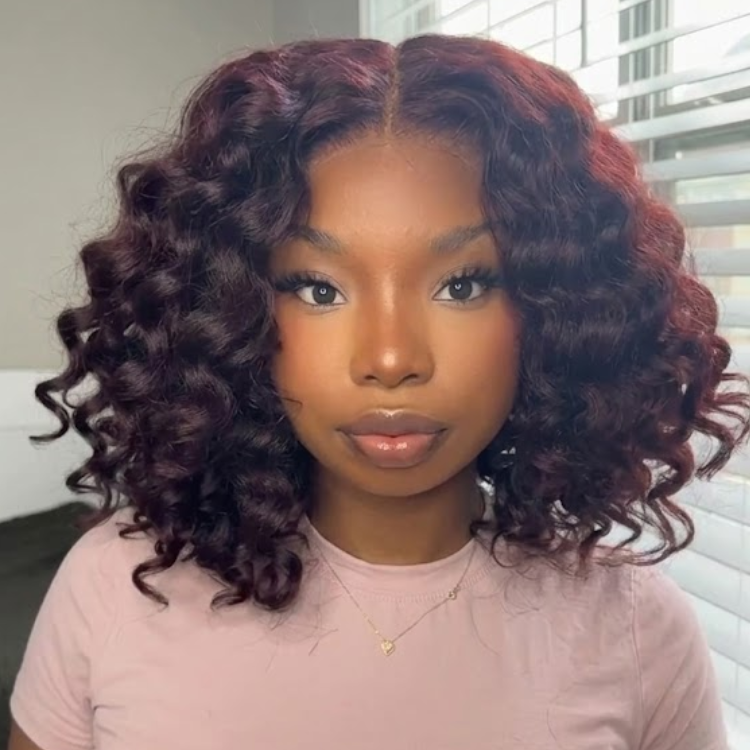 Burgundy Wine Large Spiral Curly Lace Front Human Hair Wig - Glueless Deep Wave Bob Wig, Pre-Plucked Natural Hairline- Rafarada